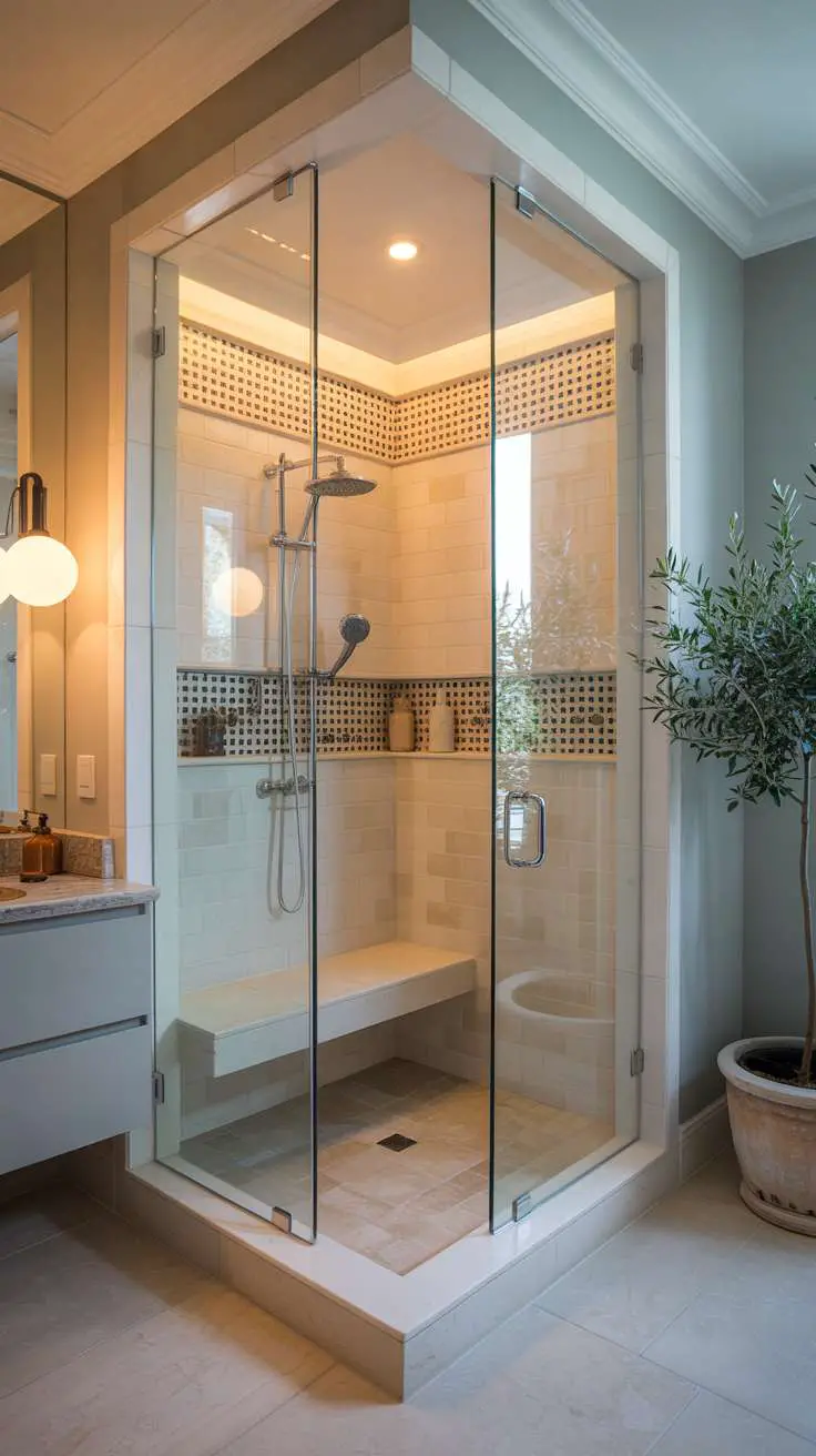 Luxury bathroom with corner glass shower, beige marble walls, and decorative lattice accent strip