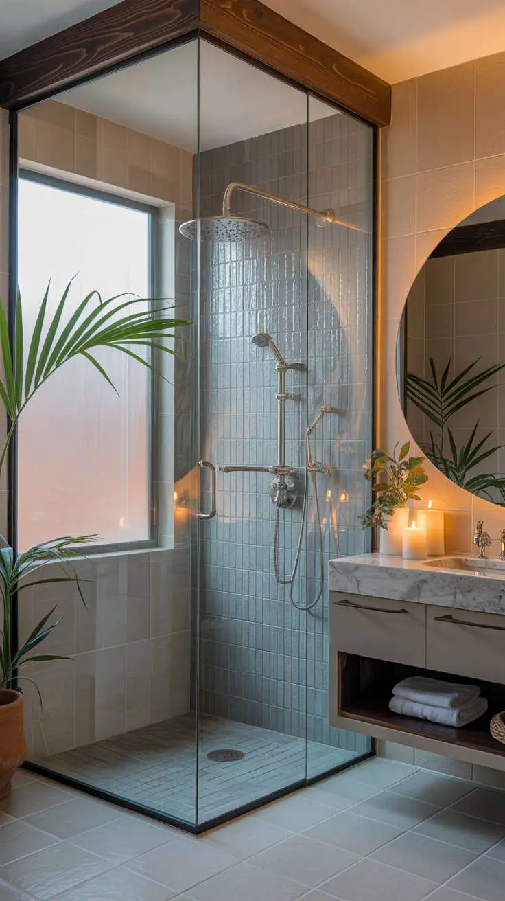 Modern Mediterranean bathroom with sleek gray tile shower, floating vanity, and brushed nickel fixtures