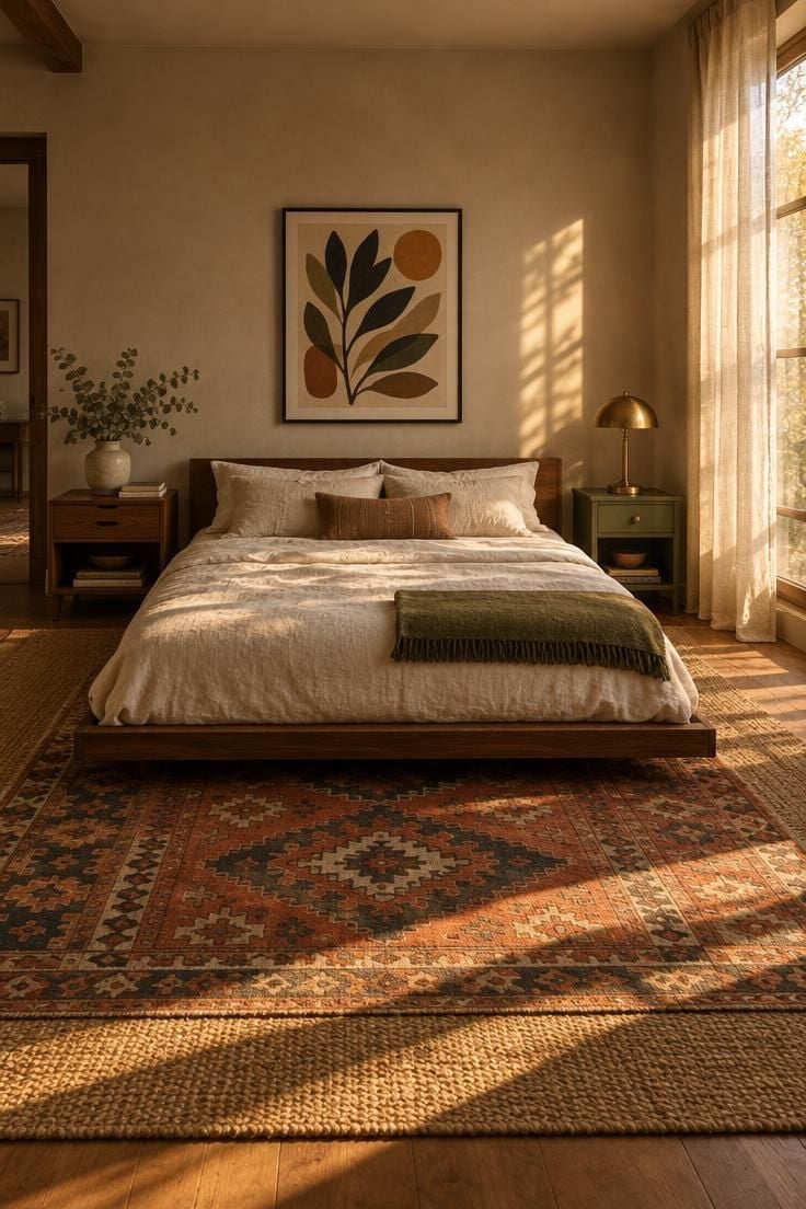 14 Warm and Cool Mid Century Eclectic Bedroom Ideas 1 Low walnut platform bed with a vintage kilim layered over a plain jute rug, flanked by mismatched nightstands and lit by late-afternoon sun.
