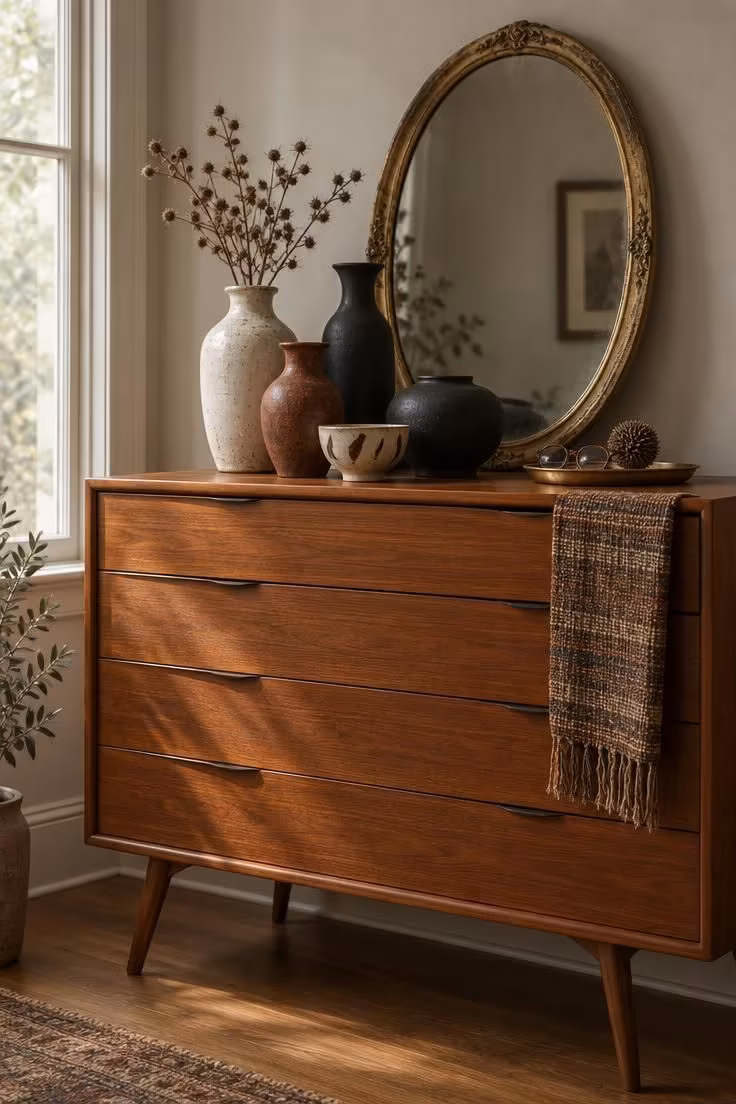 14 Warm and Cool Mid Century Eclectic Bedroom Ideas 2 Teak dresser with a leaning Victorian gilt mirror and a cluster of thrifted ceramics in cream, rust, and black.
