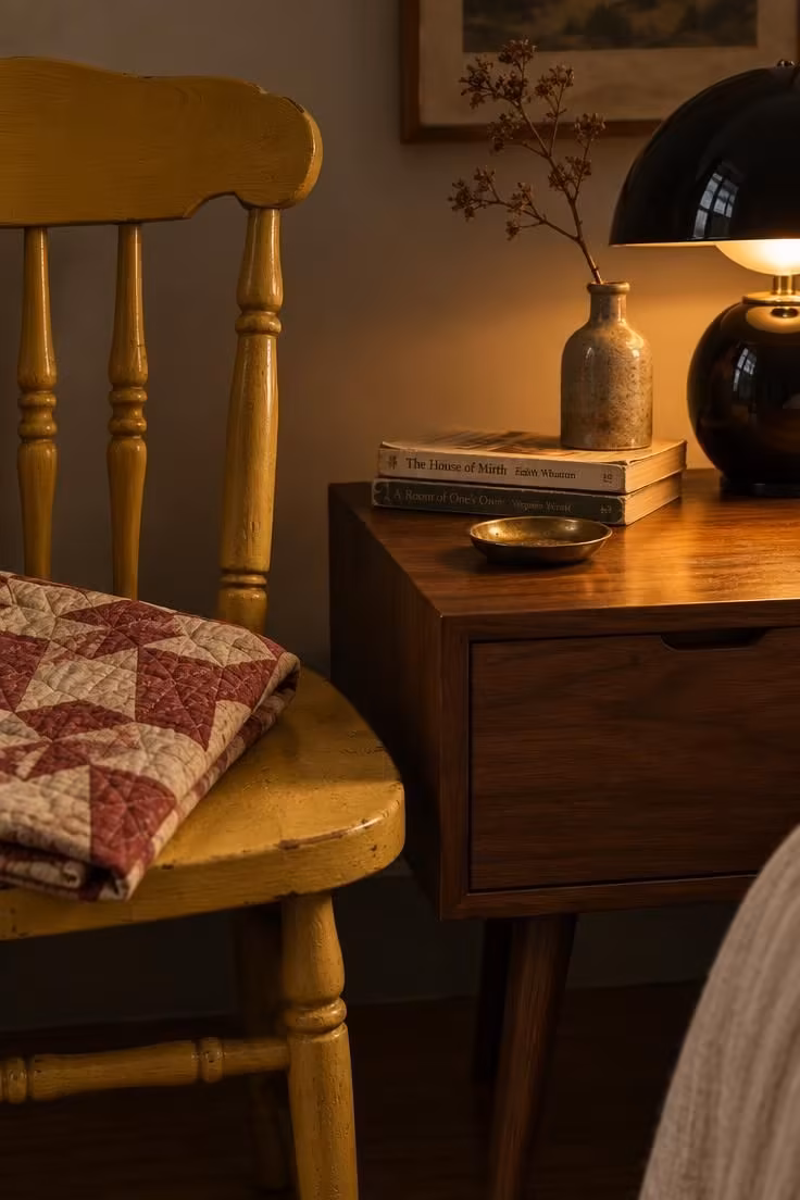 14 Warm and Cool Mid Century Eclectic Bedroom Ideas 3 Muted mustard painted folk-art chair beside a walnut nightstand with a black globe lamp and a folded quilt square on the seat.
