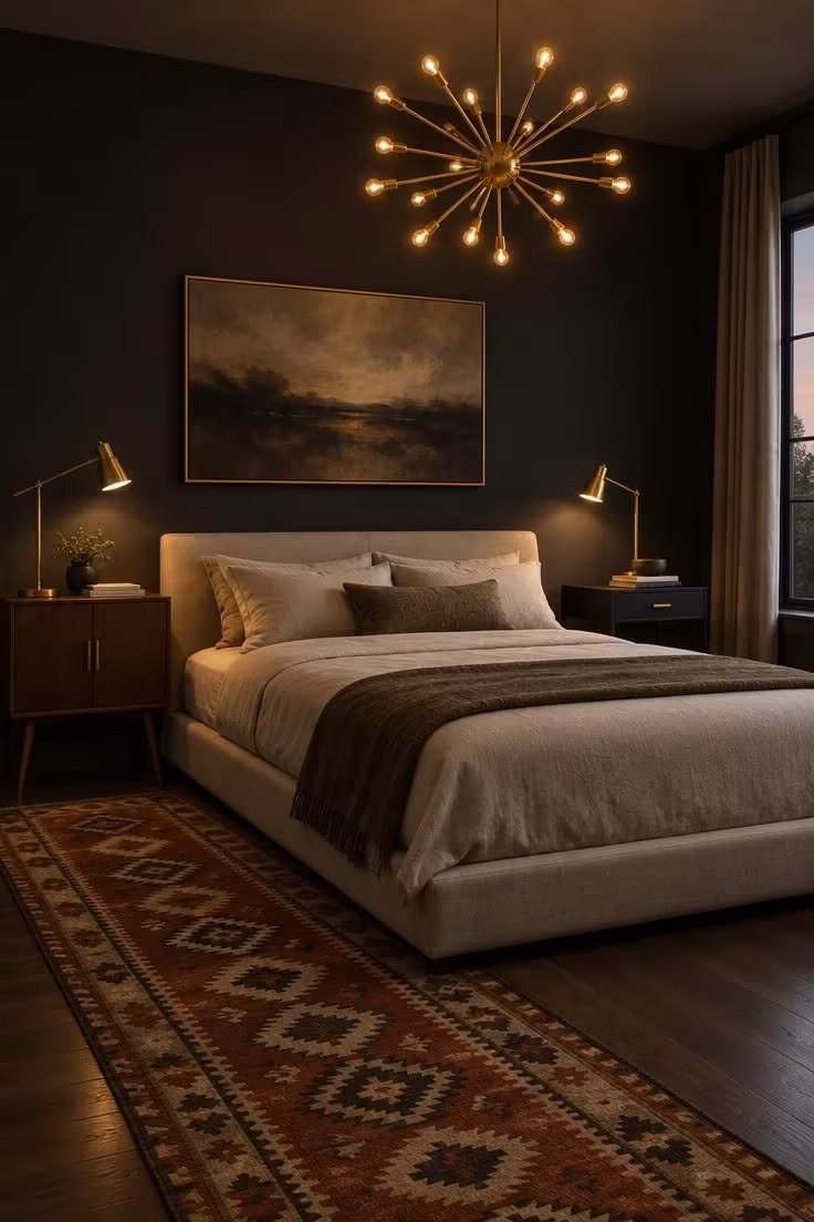 14 Warm and Cool Mid Century Eclectic Bedroom Ideas 4 Brass sunburst pendant over two mismatched nightstands, one walnut and one black metal, with matching brass lamps on a low platform bed.