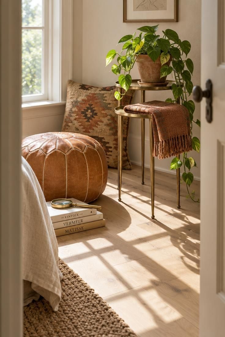 14 Warm and Cool Mid Century Eclectic Bedroom Ideas 5 Leather Moroccan pouf beside brass nesting tables in a bright corner, with a trailing plant, wool blanket, and woven cushion.