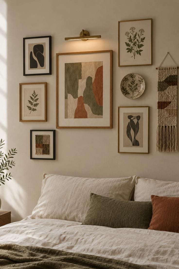 14 Warm and Cool Mid Century Eclectic Bedroom Ideas 6 Asymmetrical gallery wall of thrifted frames, a woven hanging, and a ceramic plate above a low bed with cream bedding.