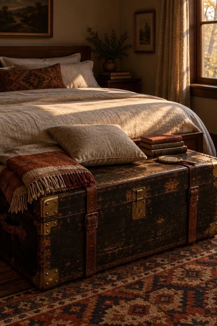 14 Warm and Cool Mid Century Eclectic Bedroom Ideas 7 Vintage steamer trunk with brass hardware used as a bench at the foot of a low walnut bed, topped with a wool throw and cushion.