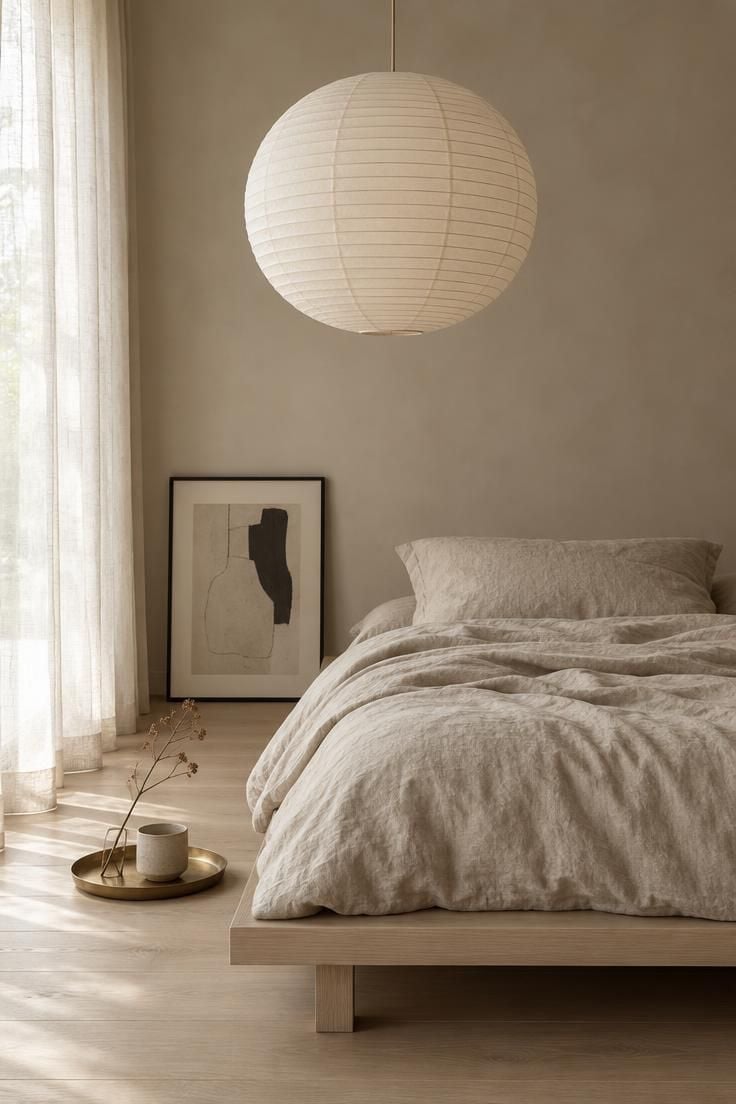 14 Warm and Cool Mid Century Eclectic Bedroom Ideas 8 Large white paper lantern pendant above a minimalist pale wood bed frame with oatmeal linen bedding and a single leaning print.