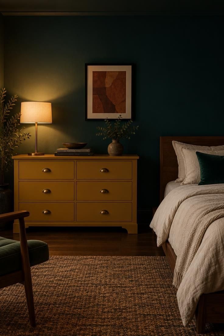 14 Warm and Cool Mid Century Eclectic Bedroom Ideas 9 Deep teal accent wall behind a mustard painted dresser with brass hardware, neutral bedding on a low walnut bed nearby.