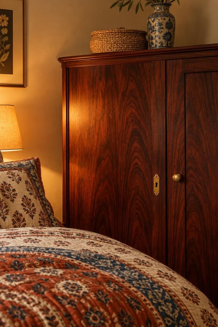 14 Warm and Cool Mid Century Eclectic Bedroom Ideas 10 Rosewood armoire with brass hardware beside a bed layered with a warm terracotta and indigo block-print quilt, with a woven basket and thrifted ceramic decor on top.
