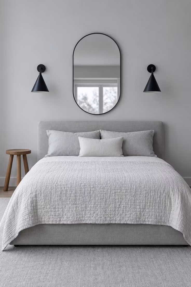 14 Warm and Cool Mid Century Eclectic Bedroom Ideas 11 Two black cone sconces flanking a slim-framed oval mirror above a low gray upholstered bed on a pale gray wall.