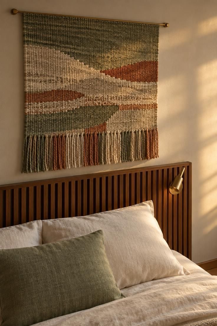 14 Warm and Cool Mid Century Eclectic Bedroom Ideas 12 Hand-woven wool wall hanging in sage and rust on a slim rod above a slatted walnut headboard with cream bedding.