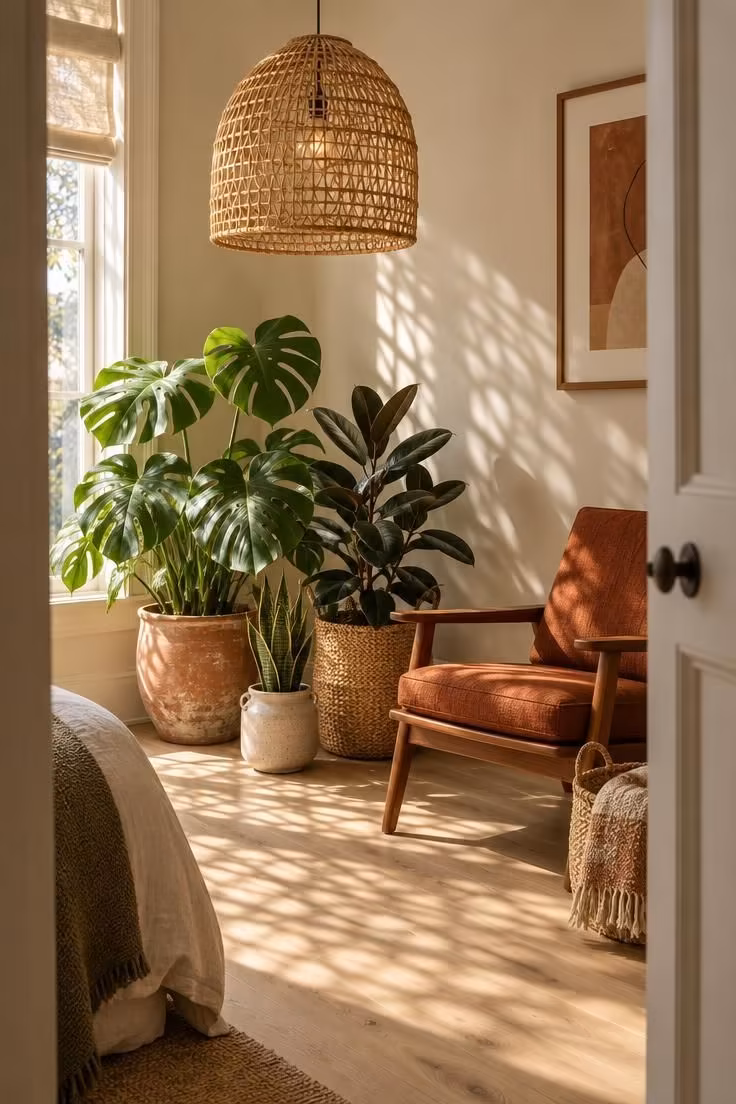 14 Warm and Cool Mid Century Eclectic Bedroom Ideas 13 Open-weave rattan pendant above a cluster of potted monstera, rubber plant, and snake plant beside a vintage teak chair.