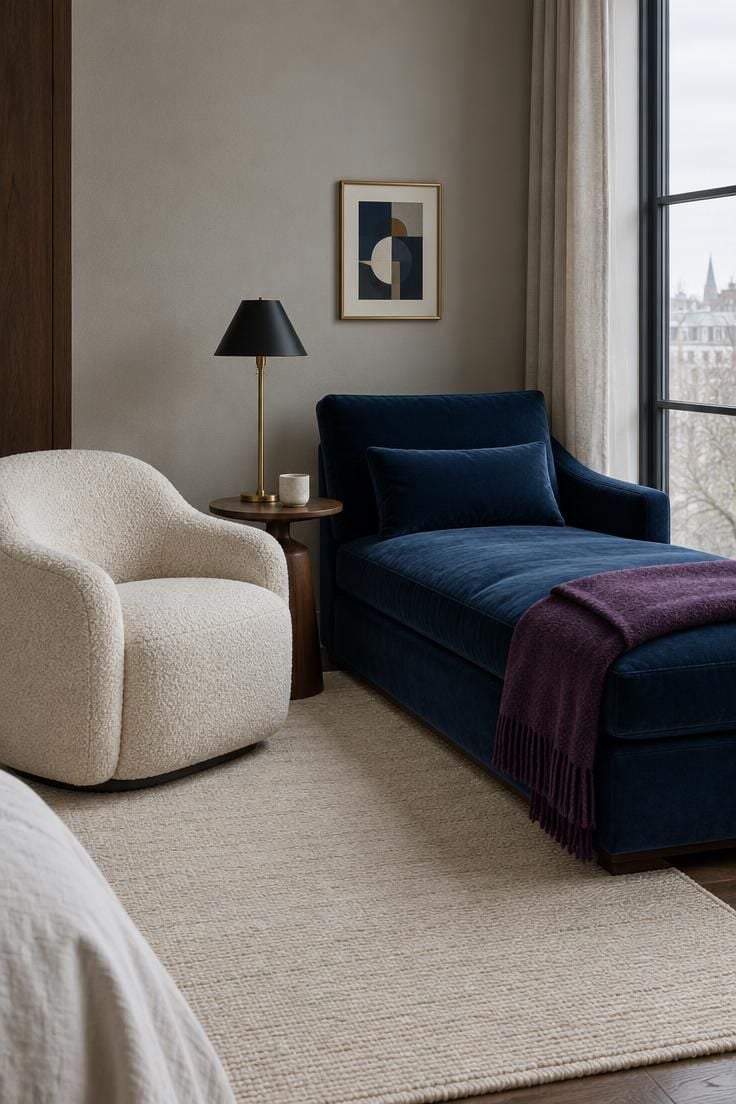 14 Warm and Cool Mid Century Eclectic Bedroom Ideas 14 Cream boucle armchair beside a sapphire velvet chaise with a walnut side table and brass lamp in a cool-toned seating nook.