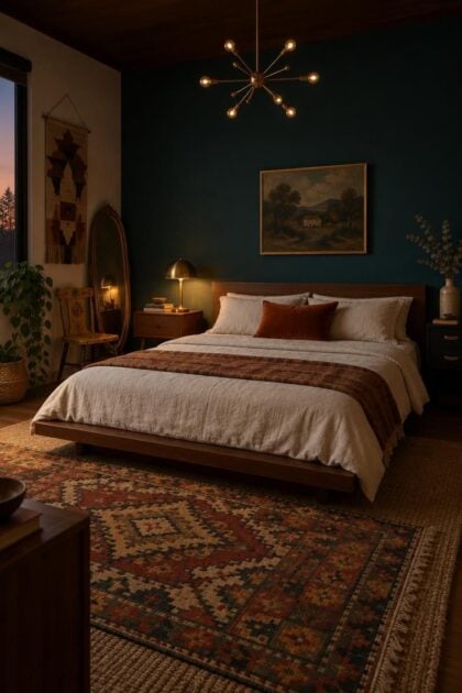 14 Warm and Cool Mid Century Eclectic Bedroom Ideas Mid century eclectic bedroom with a low walnut bed against a teal wall, layered kilim over jute, mismatched nightstands, brass pendant, and a mix of vintage and woven accents.