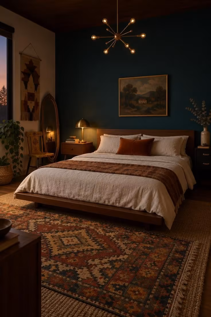 Simple Spaces 14 Mid century eclectic bedroom with a low walnut bed against a teal wall, layered kilim over jute, mismatched nightstands, brass pendant, and a mix of vintage and woven accents.