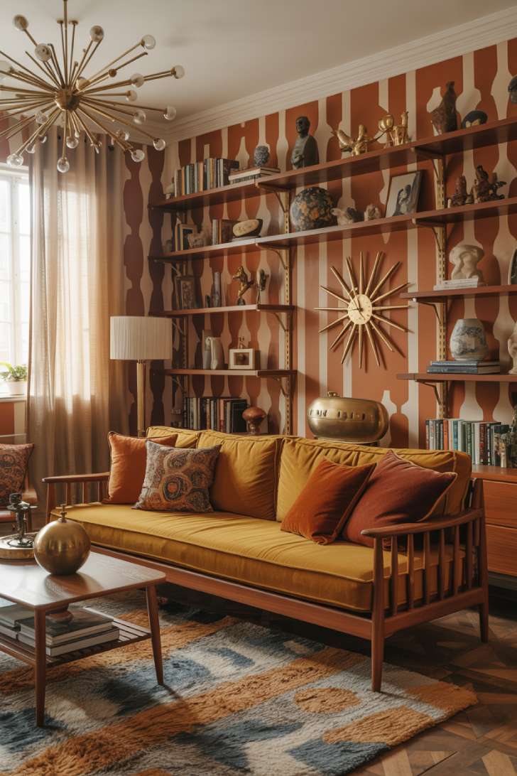 13 Unique Mid-Century Maximalism Ideas for a Lush Space 1 Mid-century maximalism living room with teak sofa, mustard velvet cushions, sunburst clock, and sputnik chandelier
