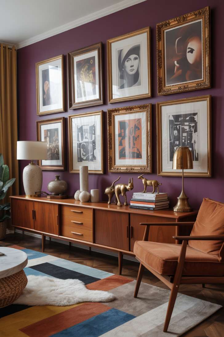 13 Unique Mid-Century Maximalism Ideas for a Lush Space 10 Mid-century maximalism living room accent wall with gallery art arrangement, teak credenza, and terracotta armchair
