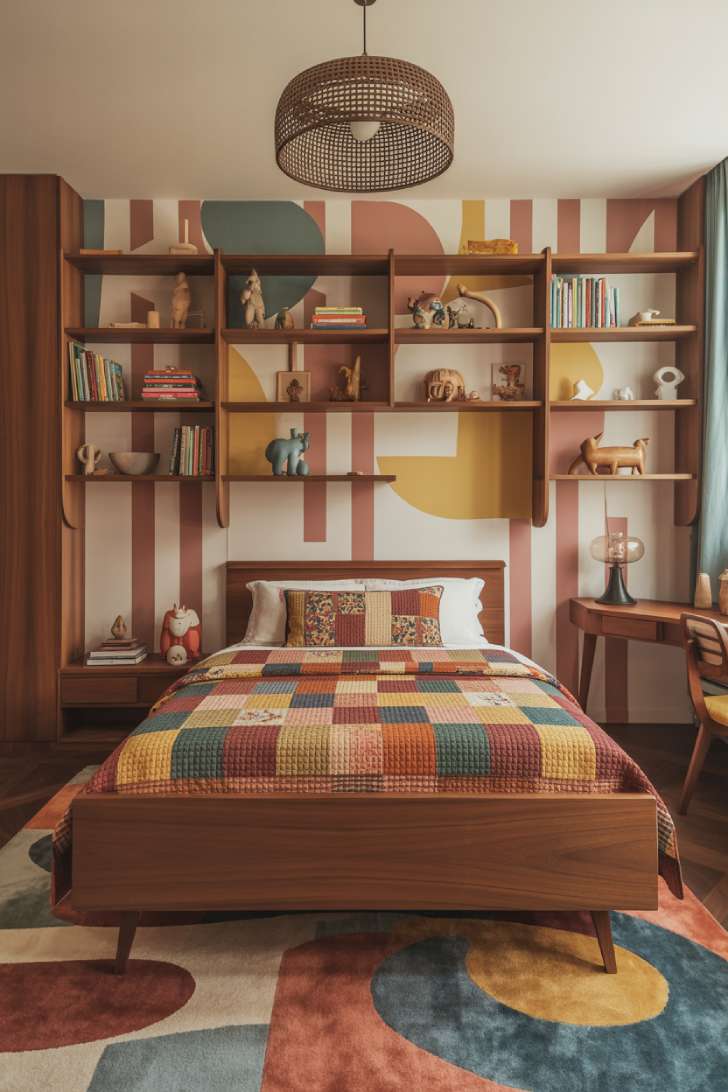 13 Unique Mid-Century Maximalism Ideas for a Lush Space 11 Mid-century maximalism kids room with low walnut bed, geometric wallpaper, vintage toys, and colorful patchwork quilt