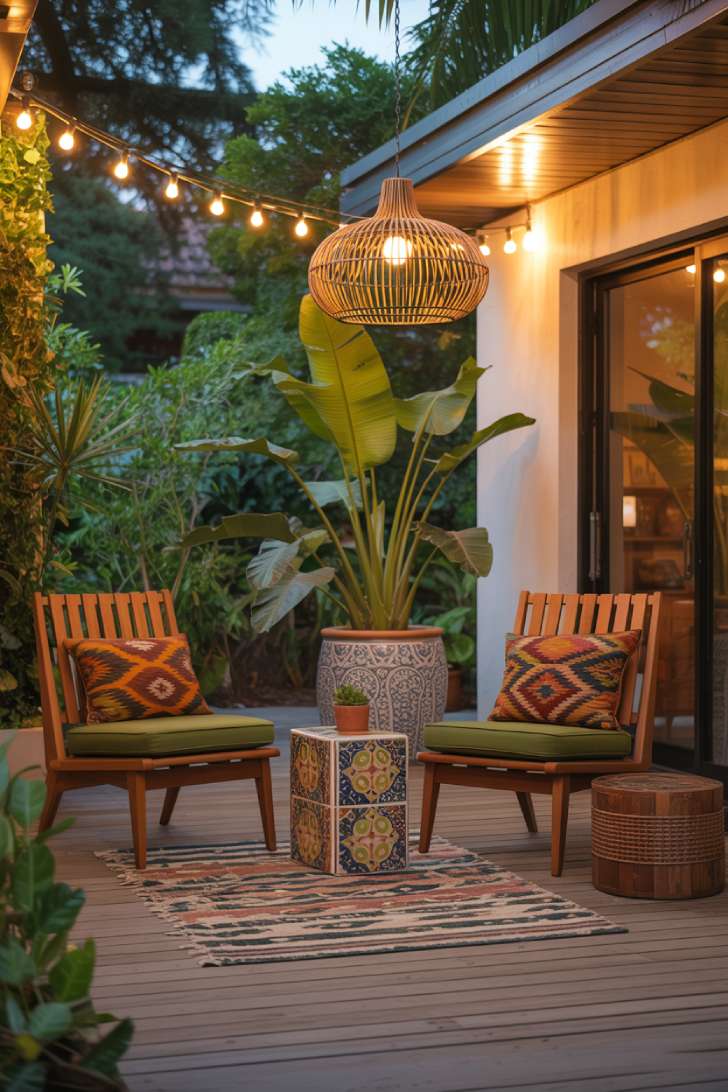 13 Unique Mid-Century Maximalism Ideas for a Lush Space 12 Mid-century maximalism outdoor patio with teak lounge chairs, Moroccan tile table, tropical plants, and geometric rug