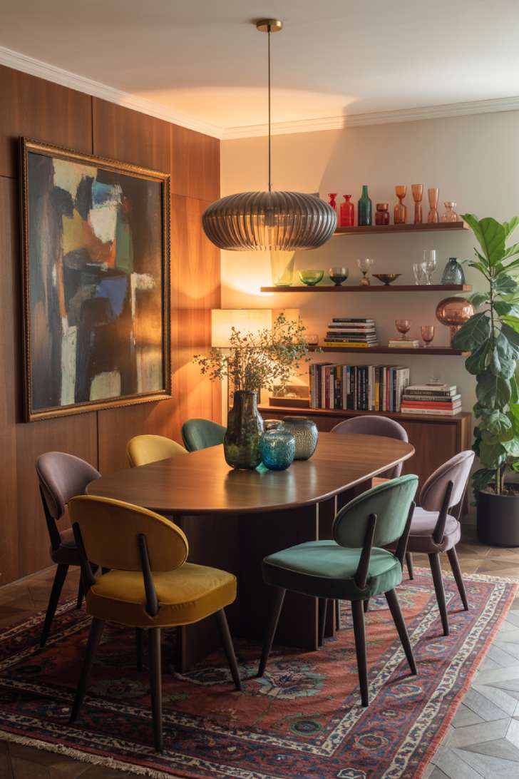 13 Unique Mid-Century Maximalism Ideas for a Lush Space 2 Mid-century maximalism dining room with walnut table, jewel-toned velvet chairs, and abstract painting