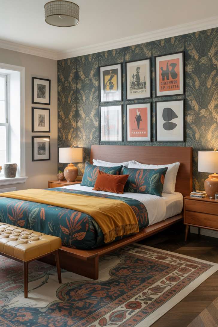 13 Unique Mid-Century Maximalism Ideas for a Lush Space 3 Mid-century maximalism bedroom with walnut platform bed, botanical print duvet, and peacock wallpaper