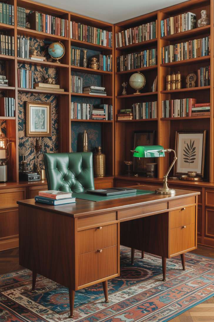 13 Unique Mid-Century Maximalism Ideas for a Lush Space 4 Mid-century maximalism home office with walnut desk, floor-to-ceiling bookshelves, and emerald tufted chair