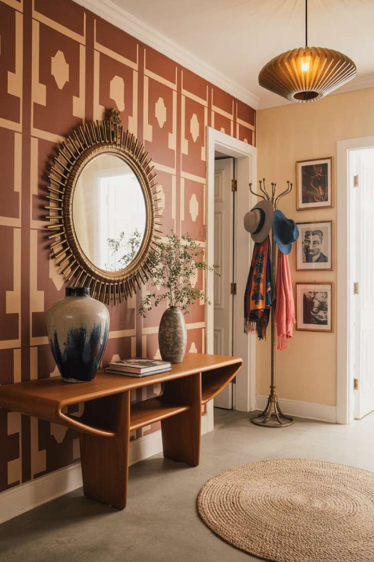 13 Unique Mid-Century Maximalism Ideas for a Lush Space 5 Mid-century maximalism entryway with teak console, cobalt vase, starburst mirror, and terracotta wallpaper