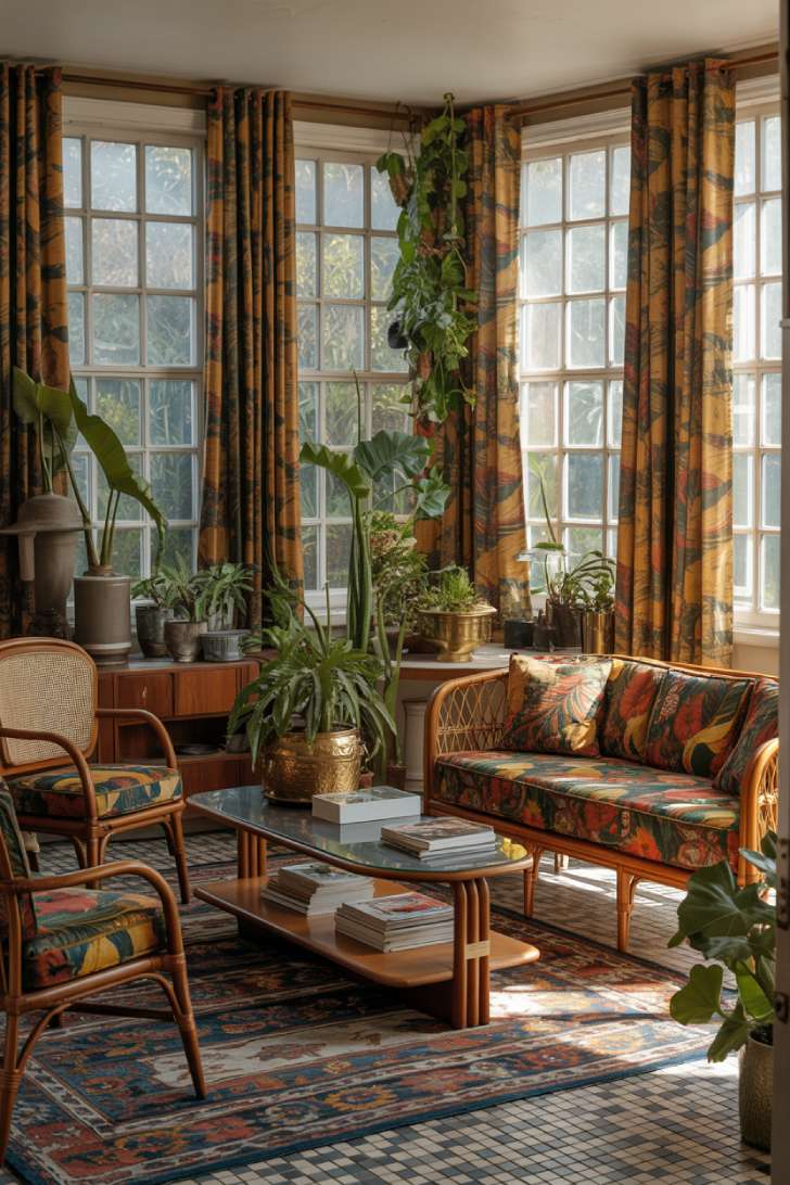 13 Unique Mid-Century Maximalism Ideas for a Lush Space 6 Mid-century maximalism sunroom with tropical-print sofa, rattan furniture, mosaic tile floor, and trailing plants