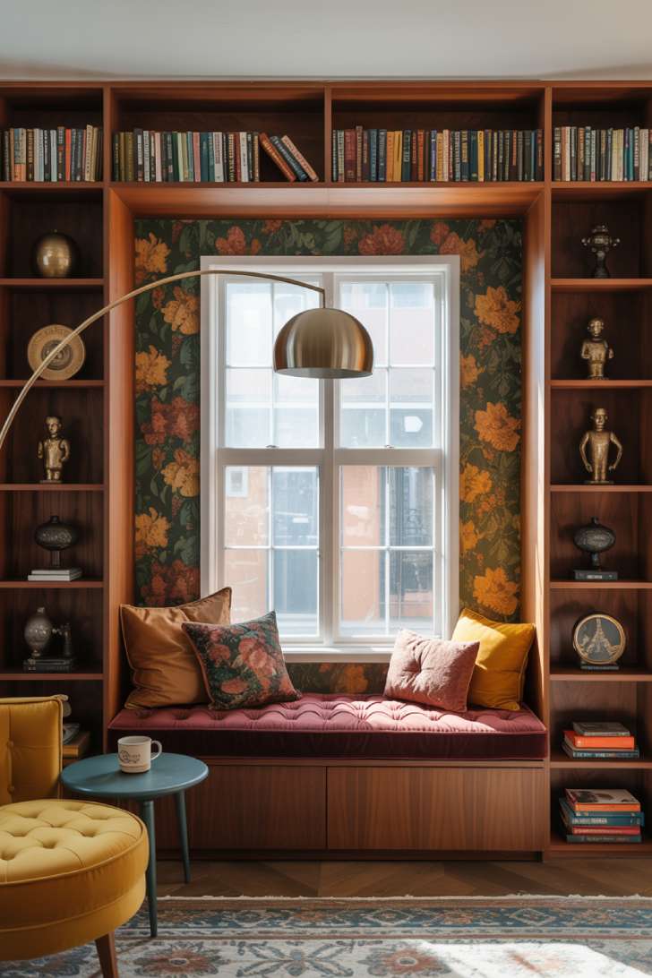 13 Unique Mid-Century Maximalism Ideas for a Lush Space 7 Mid-century maximalism reading nook with burgundy velvet window seat, built-in walnut shelves, and floral wallpaper