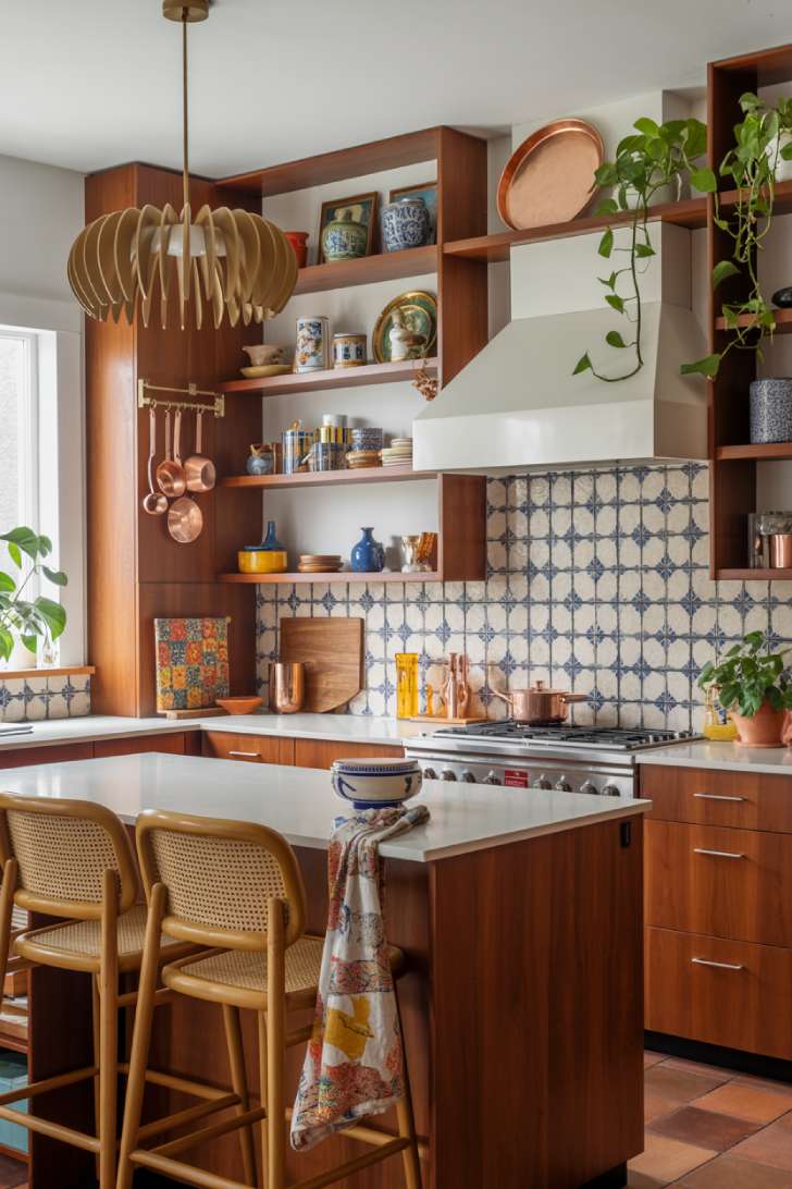 13 Unique Mid-Century Maximalism Ideas for a Lush Space 8 Mid-century maximalism kitchen with walnut cabinets, Moorish tile backsplash, open shelving, and copper cookware