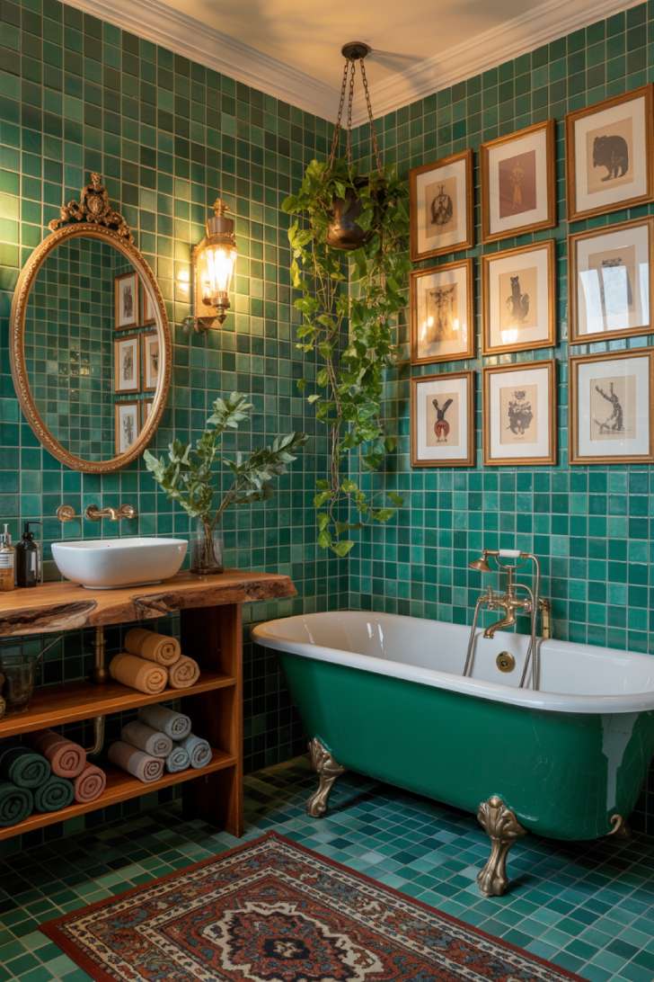13 Unique Mid-Century Maximalism Ideas for a Lush Space 9 Mid-century maximalism bathroom with emerald zellige tiles, clawfoot tub, brass fixtures, and salon-style wall art