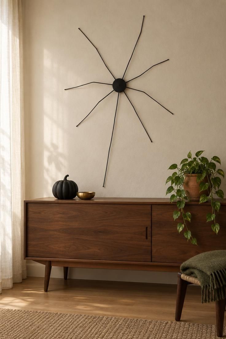 11 Cozy Mid-Century Modern Halloween Decor for Retro Charm 1 Black card-stock starburst spider with wire legs on a cream wall above a walnut credenza holding one matte black ceramic pumpkin.