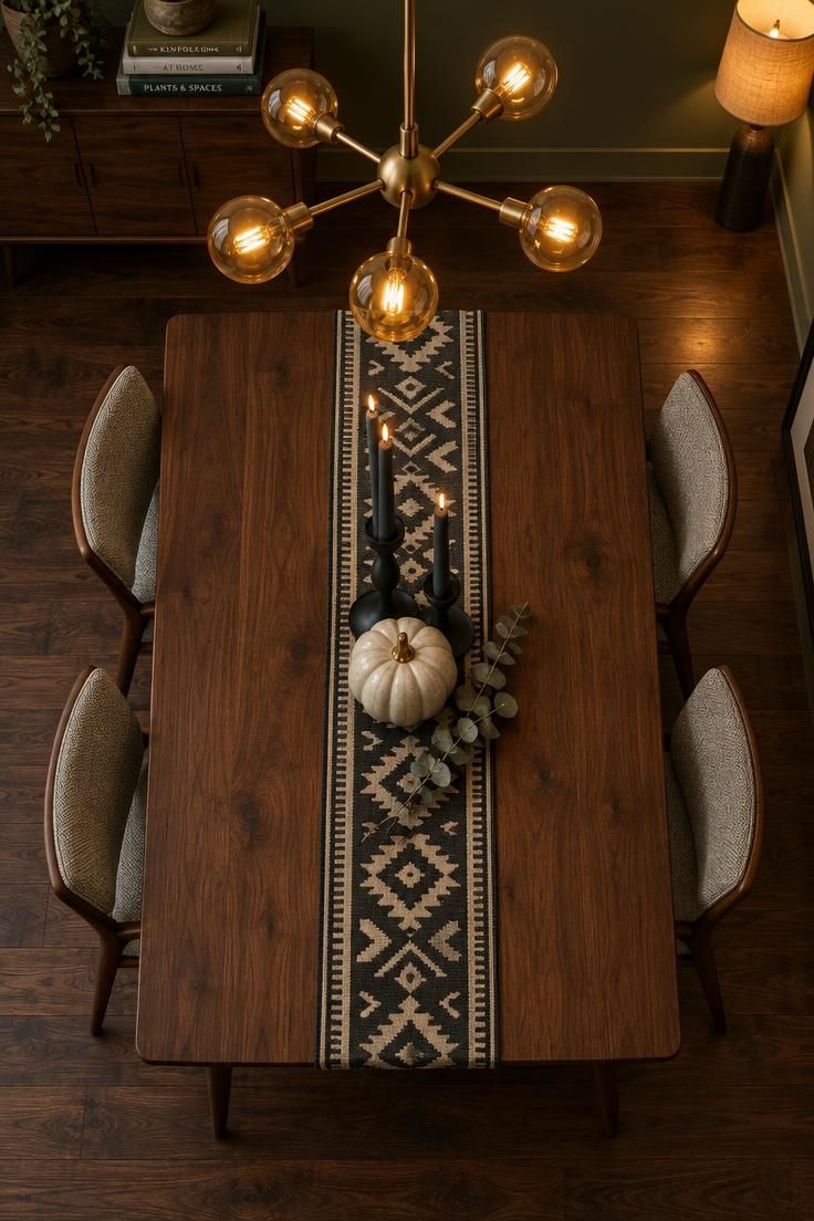 11 Cozy Mid-Century Modern Halloween Decor for Retro Charm 2 Overhead view of a walnut dining table beneath a six-arm Sputnik chandelier with amber bulbs, set with black candlesticks and a cream ceramic pumpkin.