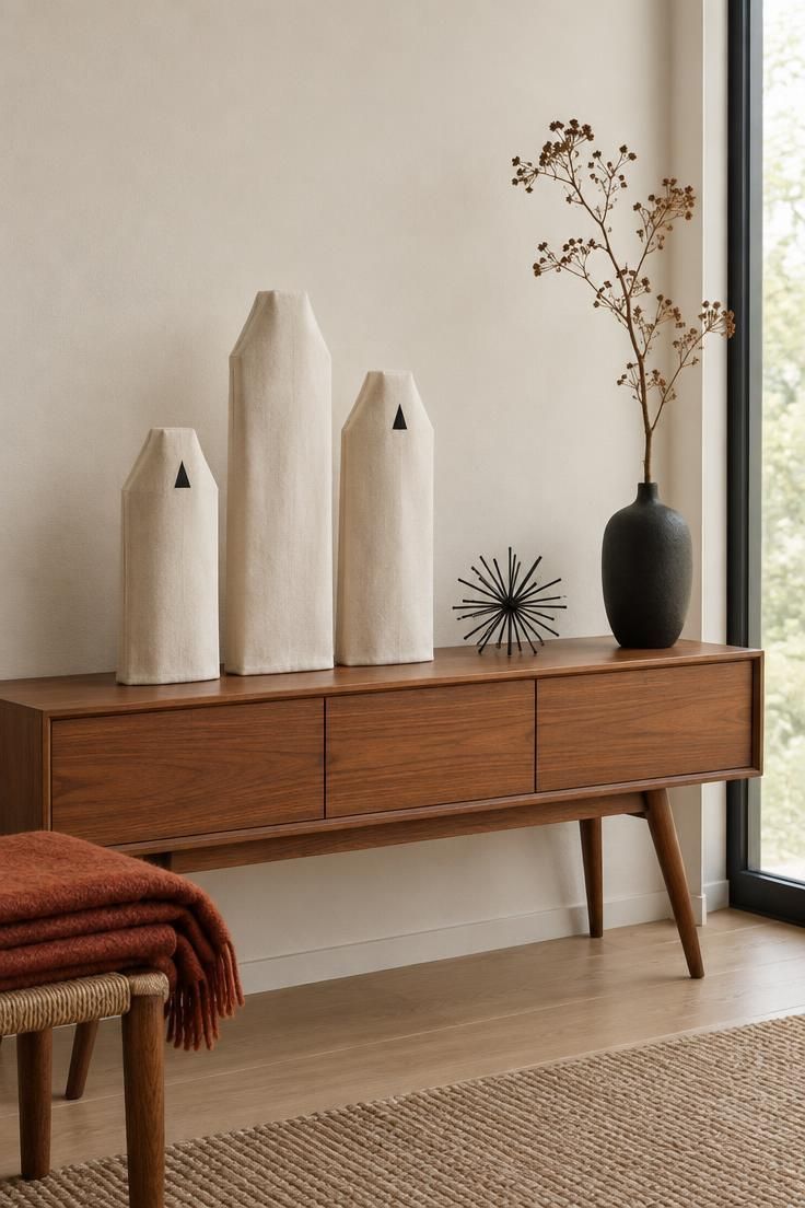 11 Cozy Mid-Century Modern Halloween Decor for Retro Charm 3 Three upright cream fabric ghost forms with simple black eye marks on a teak console, beside a small black wire starburst and a dried branch.