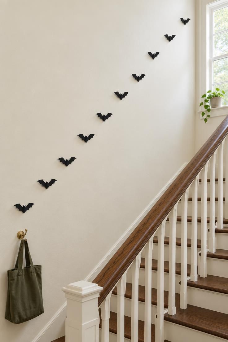 11 Cozy Mid-Century Modern Halloween Decor for Retro Charm 4 Twelve identical matte black paper bats drifting diagonally across a cream stairwell wall above a walnut handrail and cream risers.