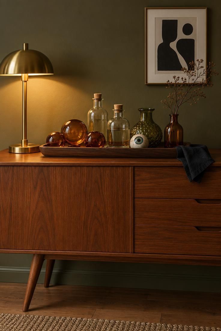 11 Cozy Mid-Century Modern Halloween Decor for Retro Charm 5 Walnut tray on a splayed-leg teak sideboard holding amber glass orbs, corked bottles, and a ceramic eyeball sphere under warm lamp light.