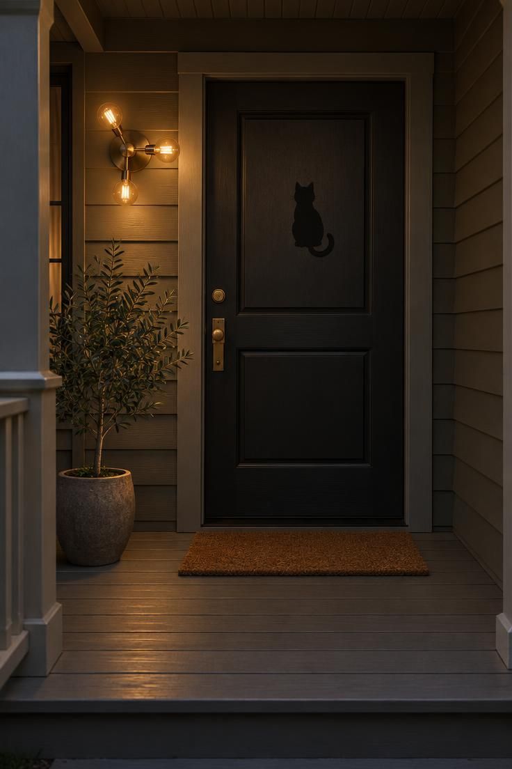 11 Cozy Mid-Century Modern Halloween Decor for Retro Charm 6 Matte black front door with a single black paper cat silhouette under a brushed brass Sputnik light fixture with amber bulbs on a covered porch.
