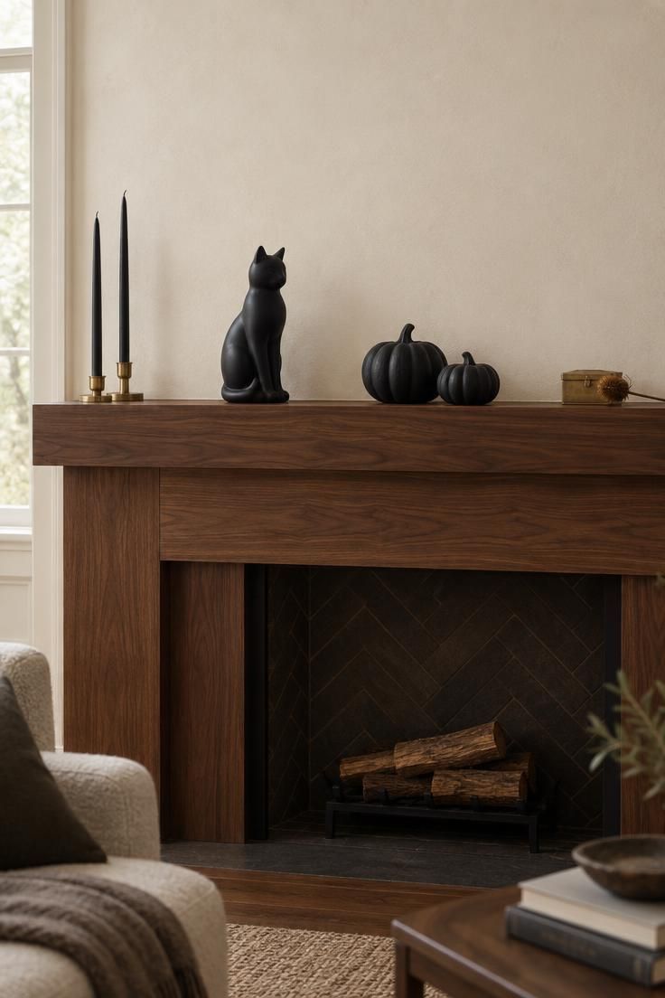 11 Cozy Mid-Century Modern Halloween Decor for Retro Charm 7 Walnut mantel with a black ceramic cat figurine, two matte black ceramic pumpkins, and black taper candles in brass holders on a bare cream wall.