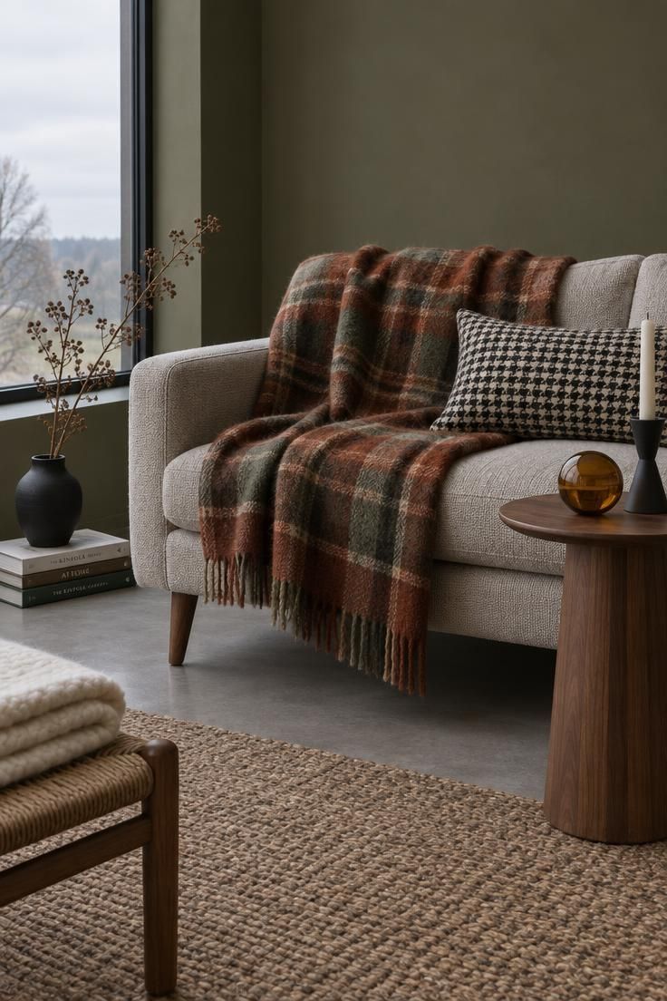 11 Cozy Mid-Century Modern Halloween Decor for Retro Charm 8 Low sofa with tapered walnut legs draped in a rust and olive plaid wool throw and a black-and-cream houndstooth lumbar pillow, with an amber glass orb on a side table.