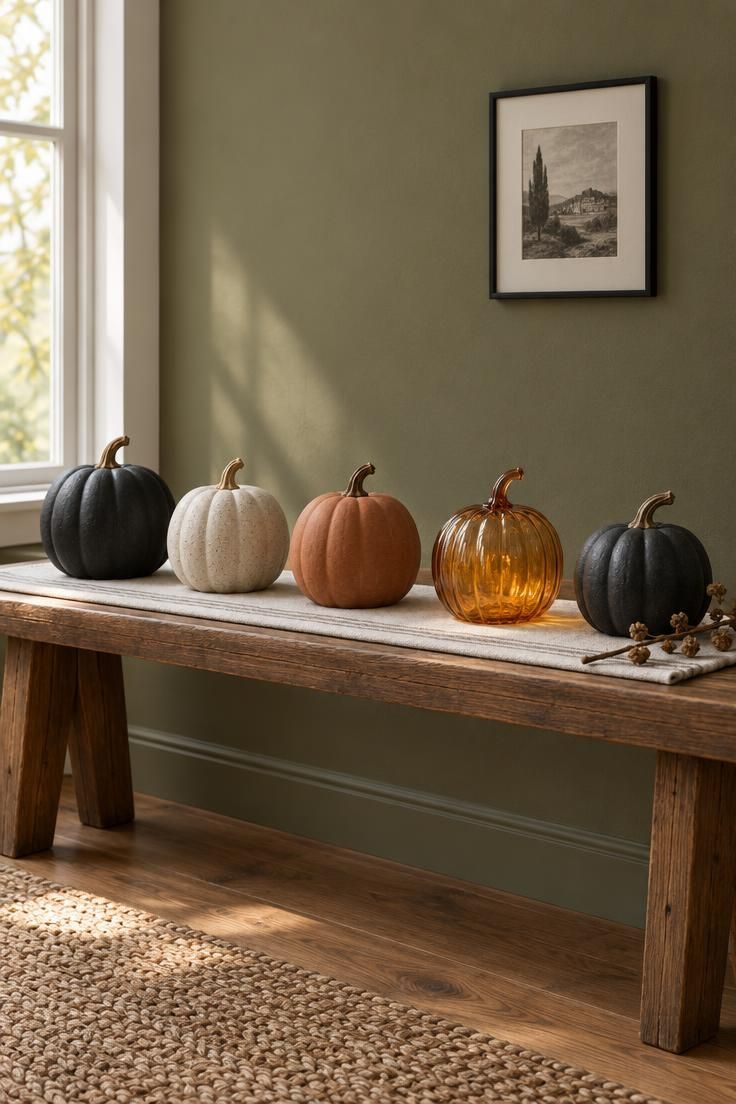 11 Cozy Mid-Century Modern Halloween Decor for Retro Charm 9 Low teak bench with a row of five pumpkins in matte black ceramic, cream stoneware, terracotta, and amber pressed glass against a muted olive wall.