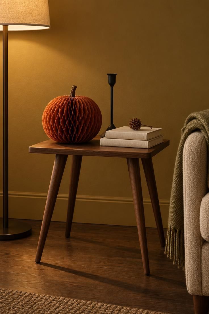 11 Cozy Mid-Century Modern Halloween Decor for Retro Charm 10 Tapered-leg walnut end table with an open rust honeycomb paper pumpkin, a black candlestick, and two cream books against a mustard wall.