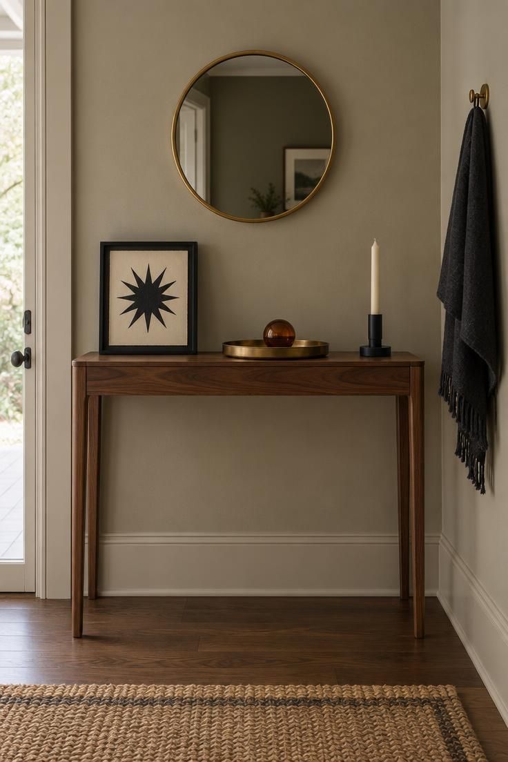 11 Cozy Mid-Century Modern Halloween Decor for Retro Charm 11 Narrow walnut entry console with a black-framed shadow box containing a black starburst on cream paper, a matte black candleholder, and a small round mirror above.