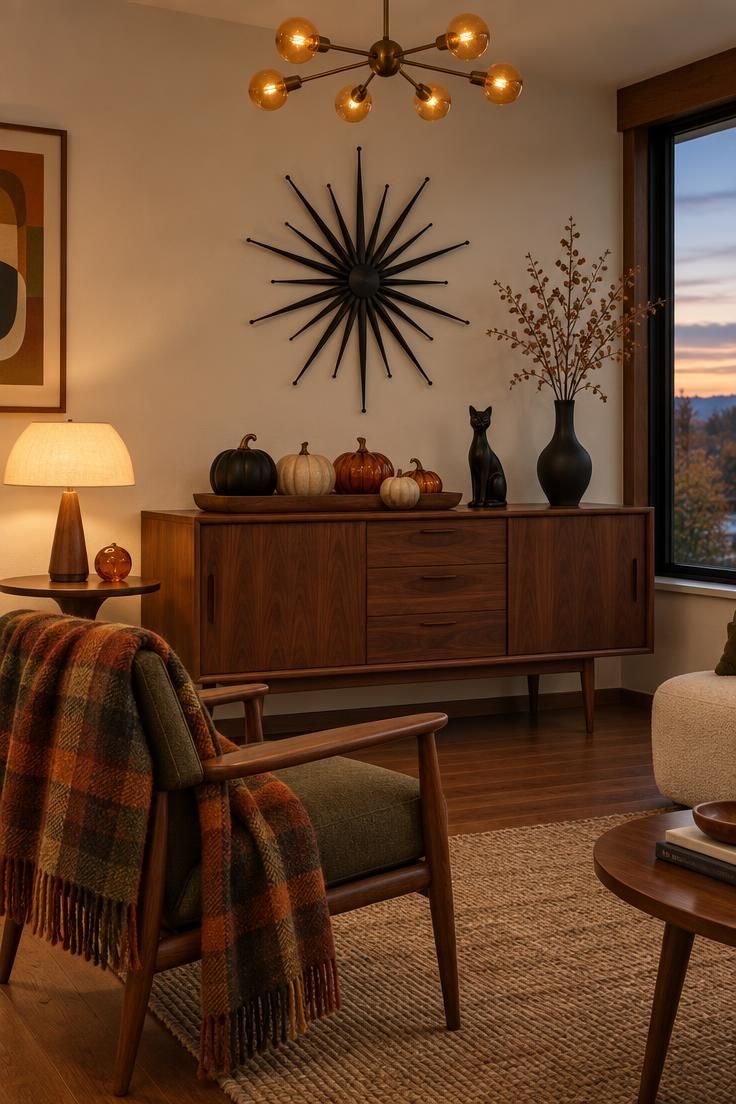 Simple Spaces 23 Cozy mid-century living room with a walnut credenza, amber-bulb Sputnik chandelier, black starburst wall motif, muted ceramic pumpkins, and a plaid wool throw on a tapered-leg armchair.