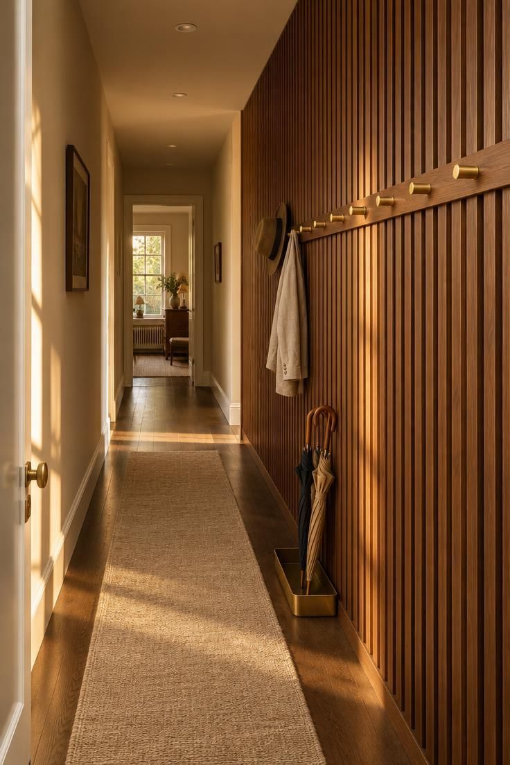 13 Warm Mid Century Modern Hallway Ideas with Wood and Brass 1 Narrow hallway with a full wall of vertical walnut slats and a row of brass hooks on a horizontal walnut cleat, with a wool runner on the floor.