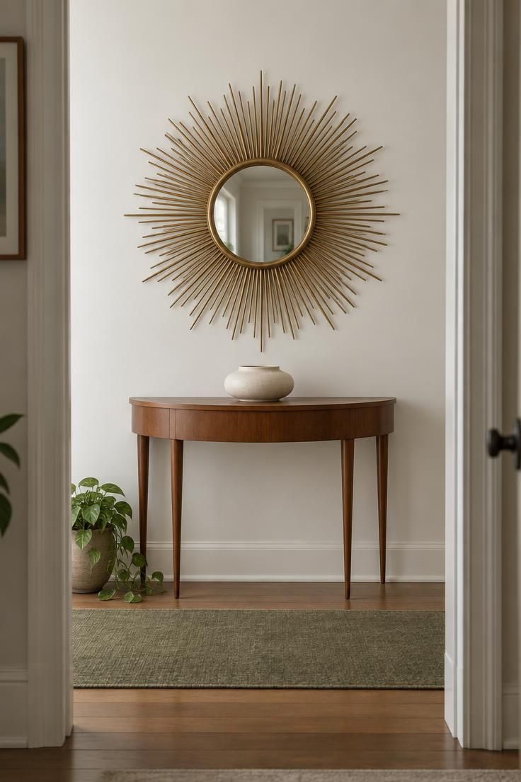 13 Warm Mid Century Modern Hallway Ideas with Wood and Brass 2 Brass sunburst mirror above a shallow teak demilune console in a hallway with a cream ceramic vessel and a wool runner leading toward it.
