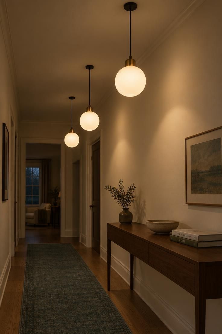 13 Warm Mid Century Modern Hallway Ideas with Wood and Brass 3 Three frosted glass globe pendants with brass fittings hung at staggered heights above a slim walnut console in a hallway.