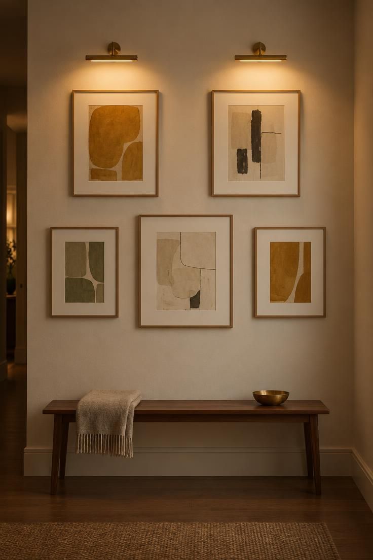 13 Warm Mid Century Modern Hallway Ideas with Wood and Brass 4 Loose grid of framed abstract prints on a long hallway wall with two brass picture lights above and a slim bench below.