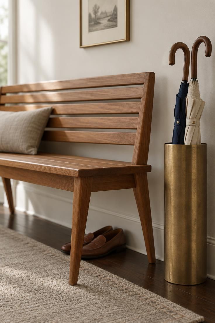 13 Warm Mid Century Modern Hallway Ideas with Wood and Brass 5 Low teak slat-back bench with a brass umbrella stand beside it and a single framed print above in a hallway.
