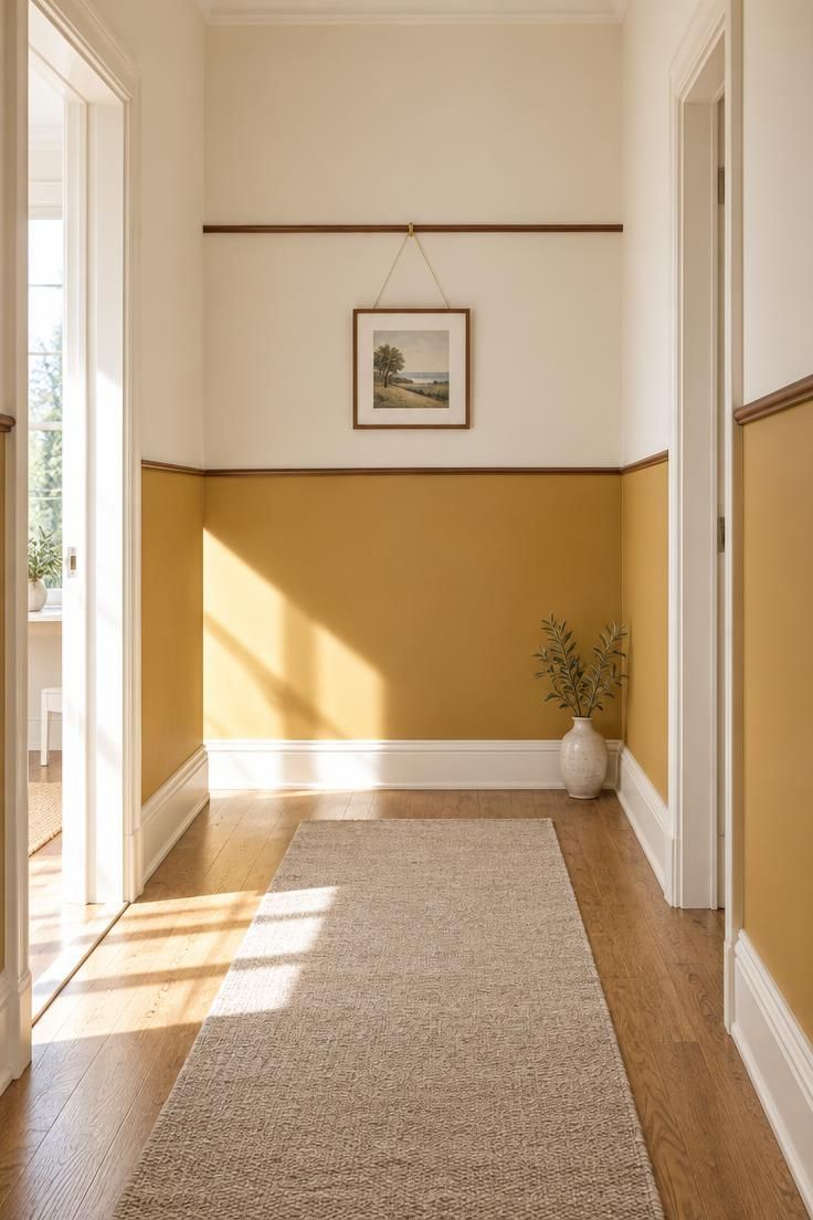 13 Warm Mid Century Modern Hallway Ideas with Wood and Brass 6 Hallway with muted ochre walls below a walnut picture rail and cream above, with a single framed print hanging from the rail.