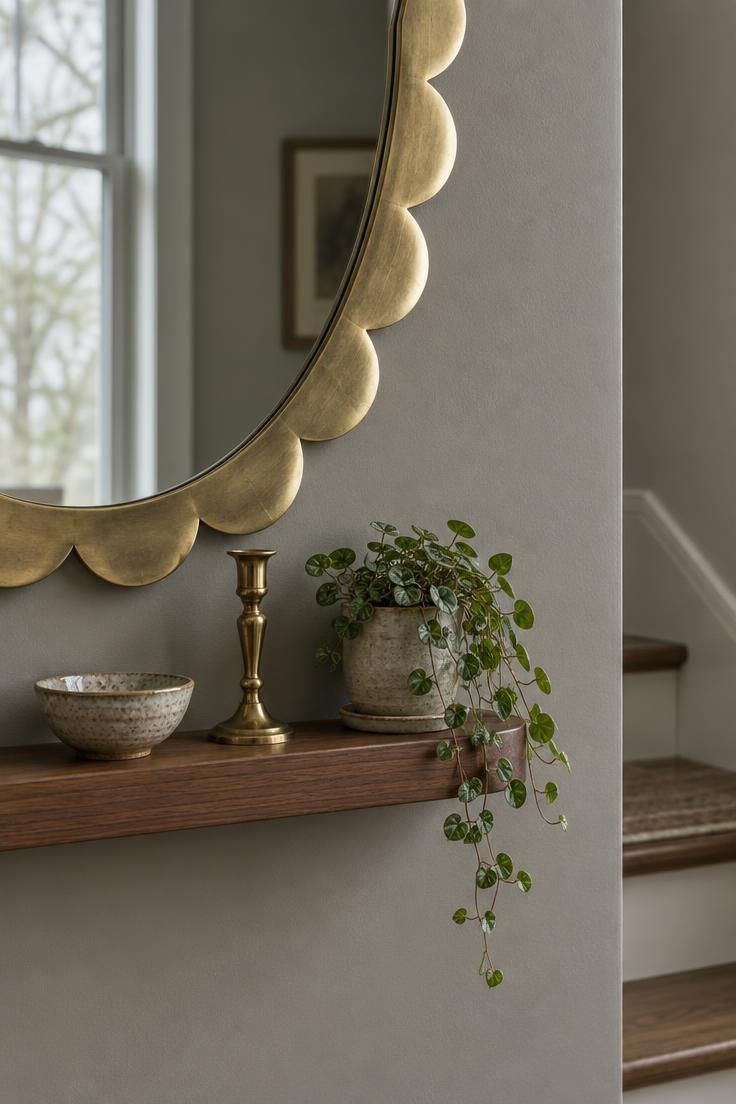 13 Warm Mid Century Modern Hallway Ideas with Wood and Brass 7 Scalloped brass mirror above a shallow walnut shelf holding a small bowl, candlestick, and trailing plant in a hallway.