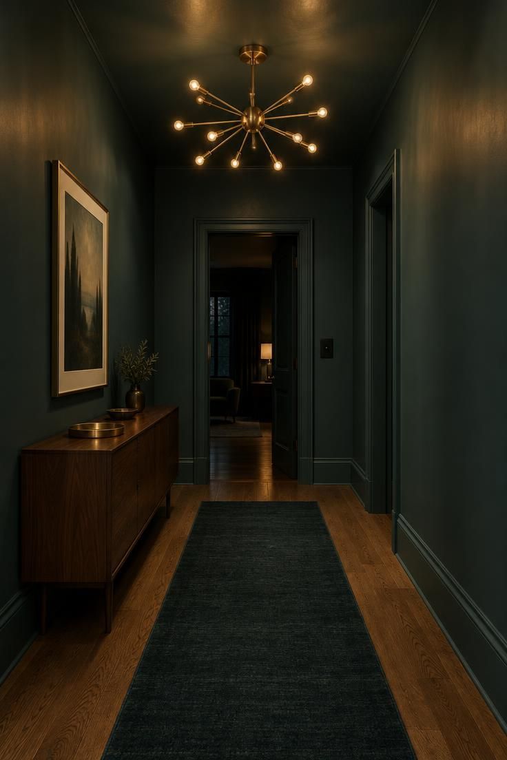 13 Warm Mid Century Modern Hallway Ideas with Wood and Brass 8 Brass sputnik chandelier centered above a muted teal hallway with a low walnut console along one wall.